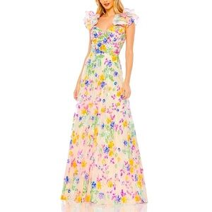 NWT Mac Duggal 68068 White Multi Embellished Ruffle Sleeve Gown - Sz 8